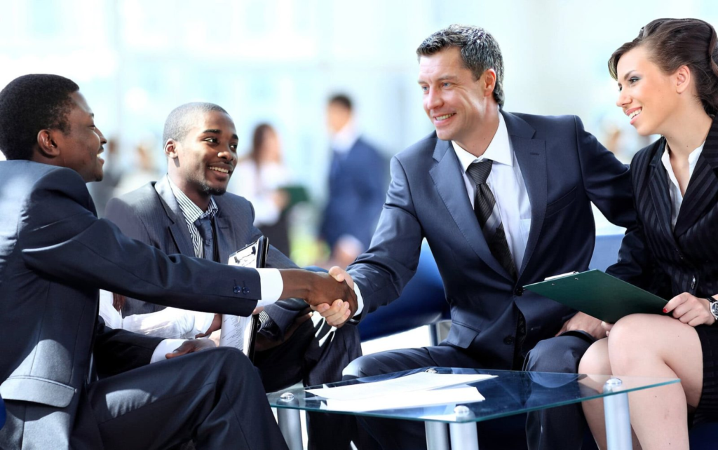 Financial services team meeting around a conference table