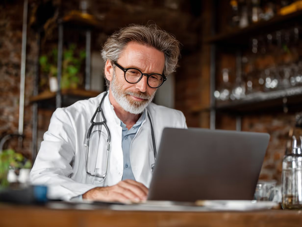 Physician working on a laptop in a medical office